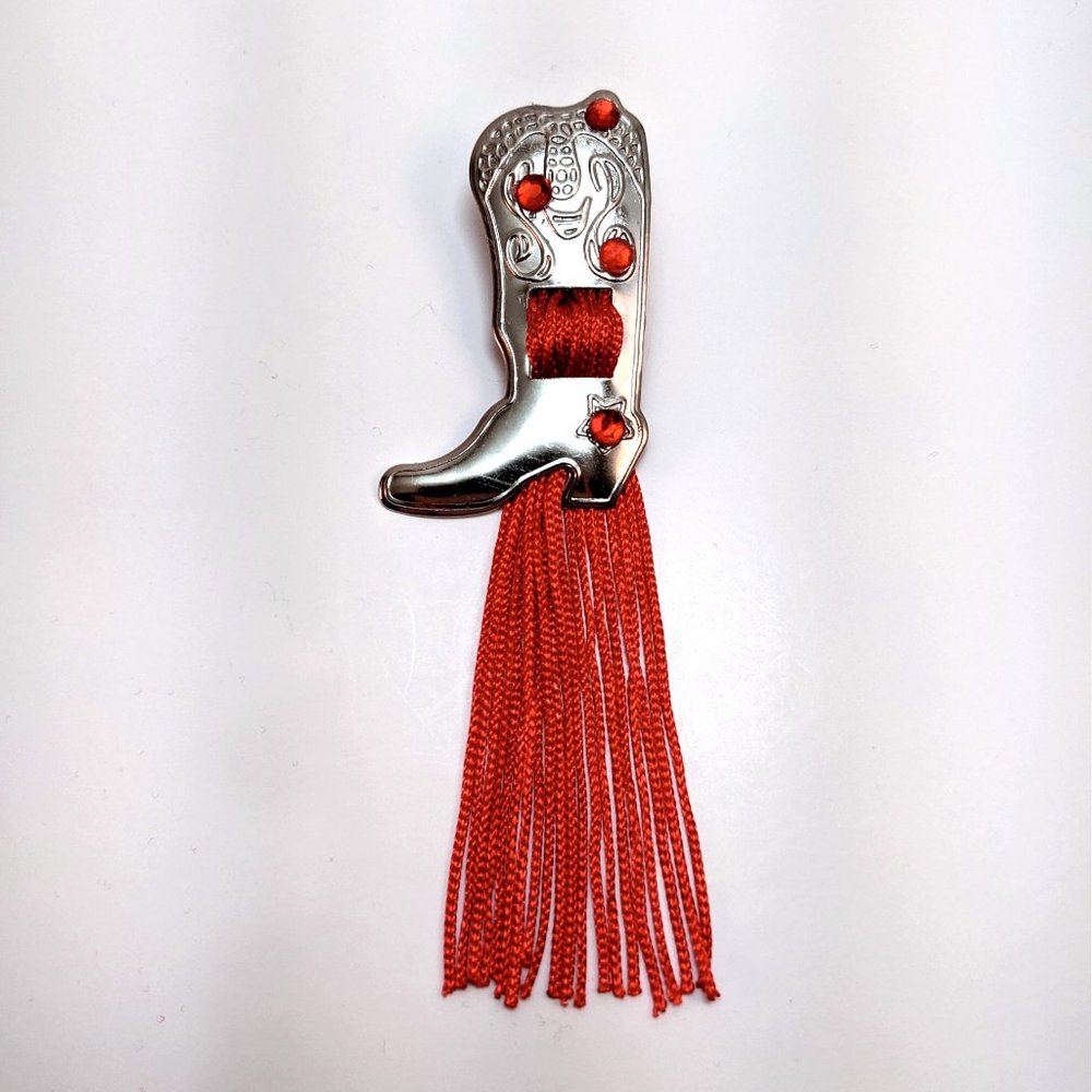 Handmade Cowboy Boot Brooch Red Fringe Rhinestone Silver Country Western Cowgirl